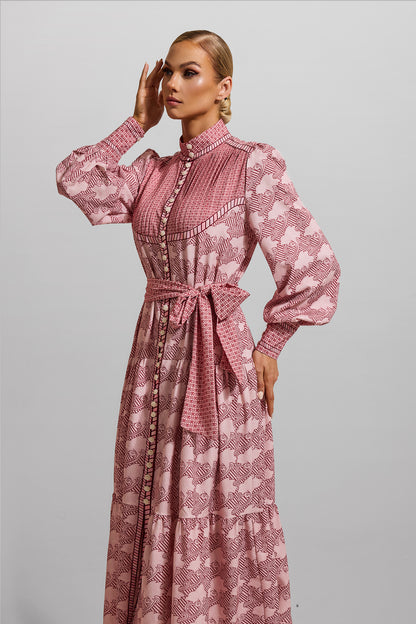 Geometric Patterns Lantern Sleeve Midi Dress With Belt