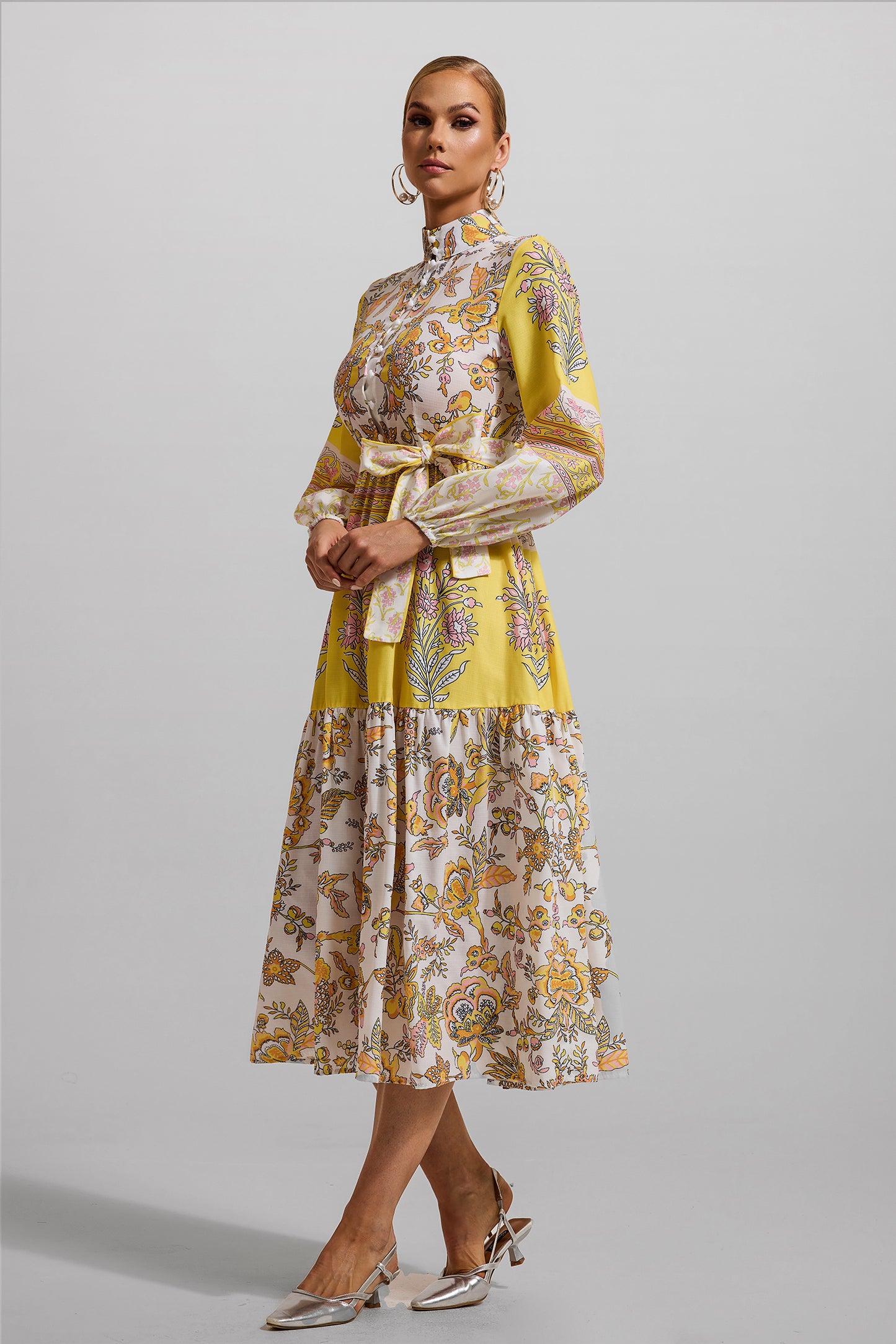 Floral Lantern Sleeve Bottom Midi Dress With Belt