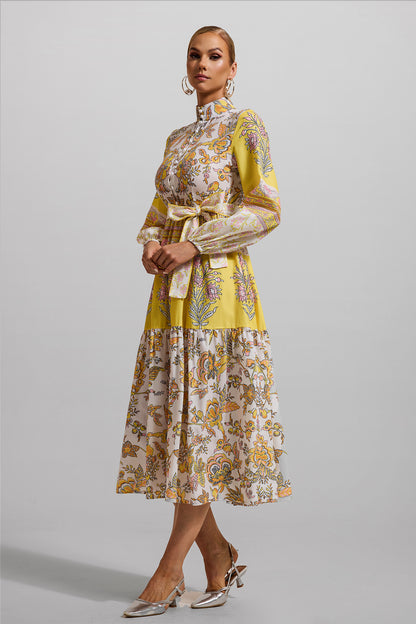 Floral Lantern Sleeve Bottom Midi Dress With Belt