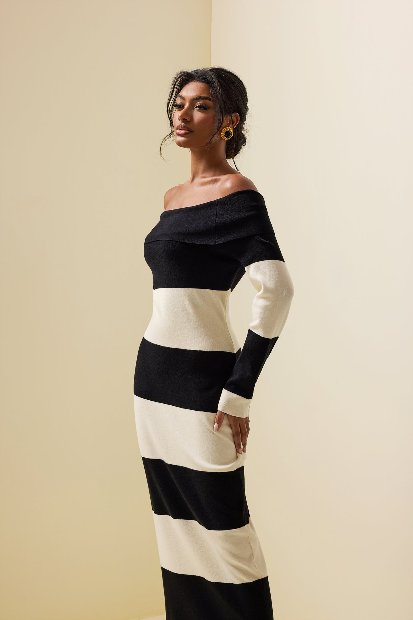 Jersey Stripe Off-Shoulder Midi Dress