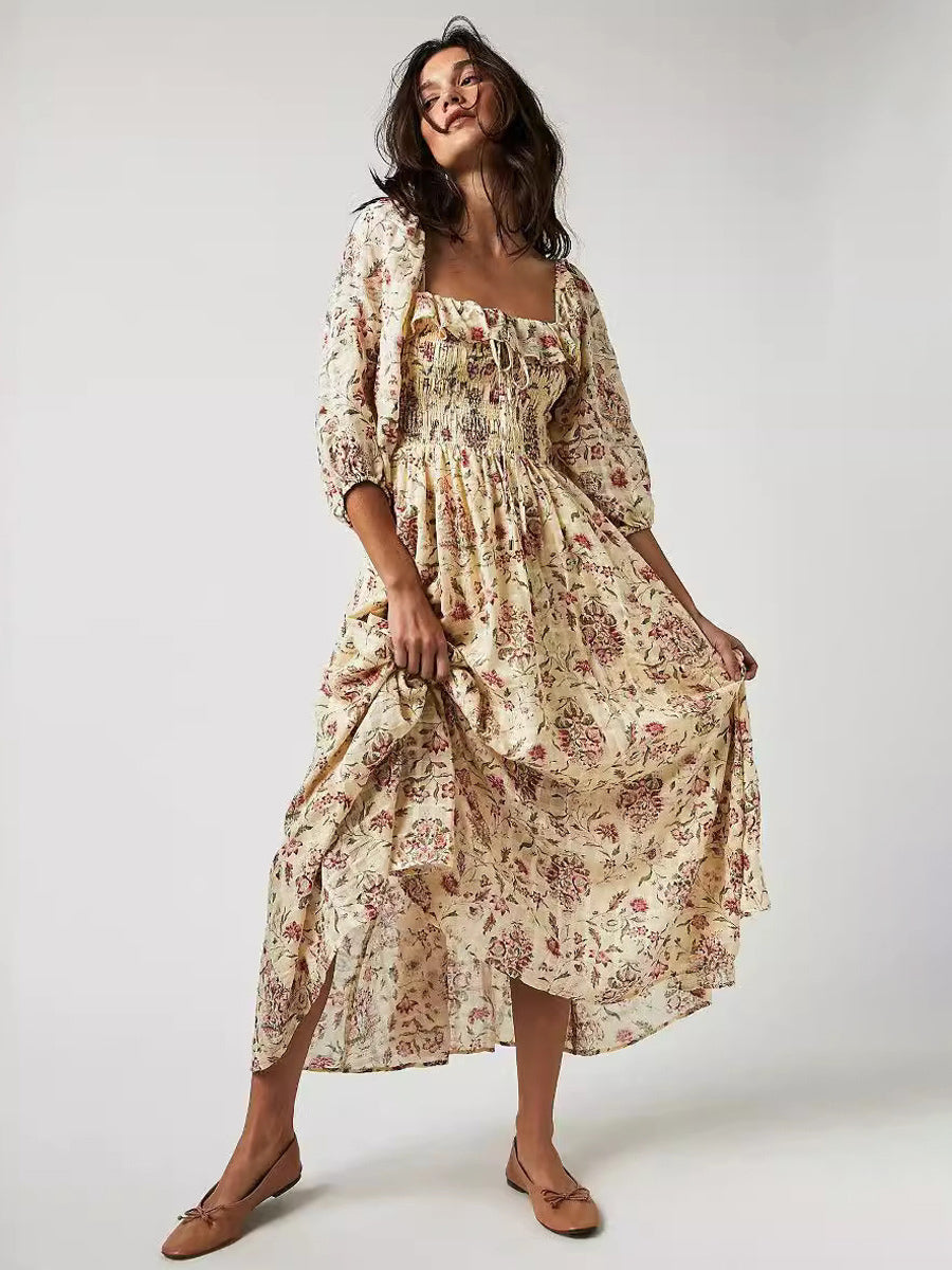A-Line Dress Floral Ruching Sqaure Neck Three Quarters Daily Casual Midi Dresses