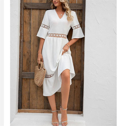 Solid Color V-Neck Hollow Lace Maxi Dress for Women