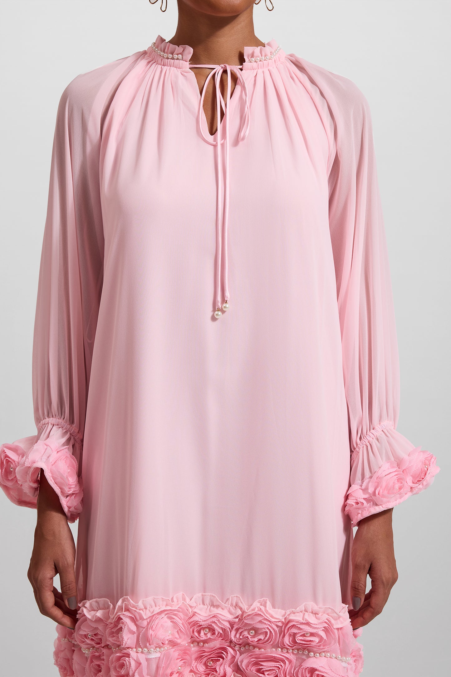 3D Floral Frill Long Sleeve Midi Dress