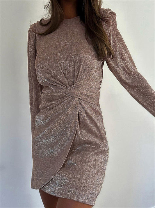 Tossy Twist Elegant Fashion Mini Dress Female Pleated Summer Long Sleeve Patchwork Solid Zipper Glitter Women Sexy Dress 2024 – Stylish Pleated Summer Mini Dress