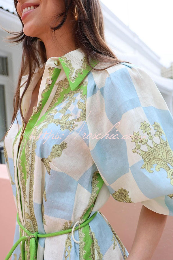Unique Printed Long Sleeve Drawstring Pocket Shirt Midi Dress