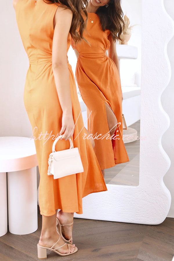 Smile for You Linen Blend Cutout Waist Slit Midi Dress