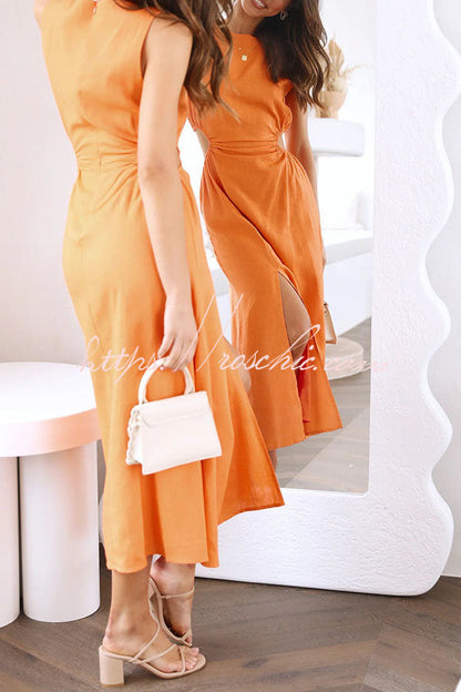 Smile for You Linen Blend Cutout Waist Slit Midi Dress