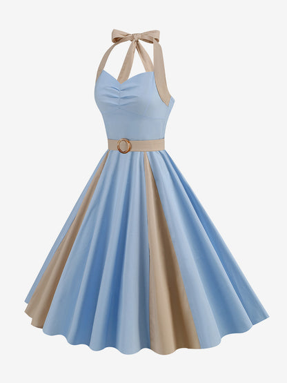 Retro Dress Halter Pleated Ring Detail Two-Tone A-Line Midi Dress