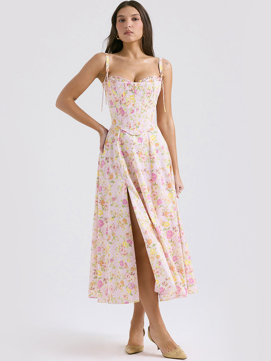 Floral Dress Midi Dress Floral Print Sleeveless Straps Neck Chic Adjustable Straps Lace Up Long Fall