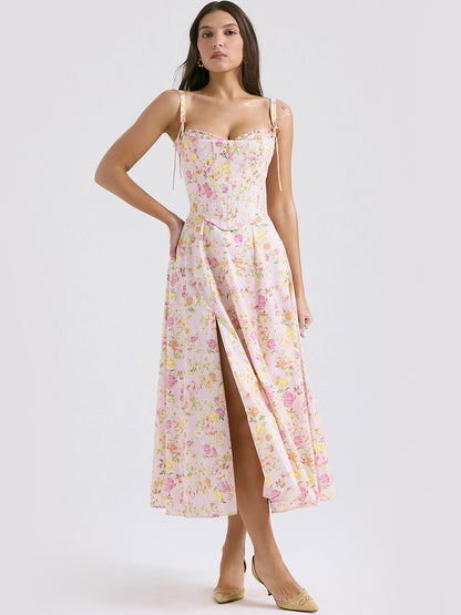 Floral Dress Midi Dress Floral Print Sleeveless Straps Neck Chic Adjustable Straps Lace Up Long Fall