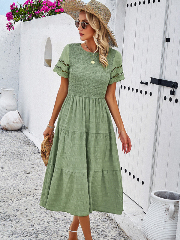 Blue Zone Planet | Solid Color Short Sleeve Cutout Midi Dress