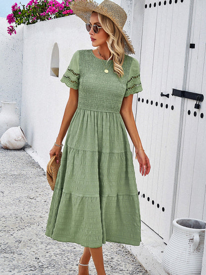 Blue Zone Planet | Solid Color Short Sleeve Cutout Midi Dress