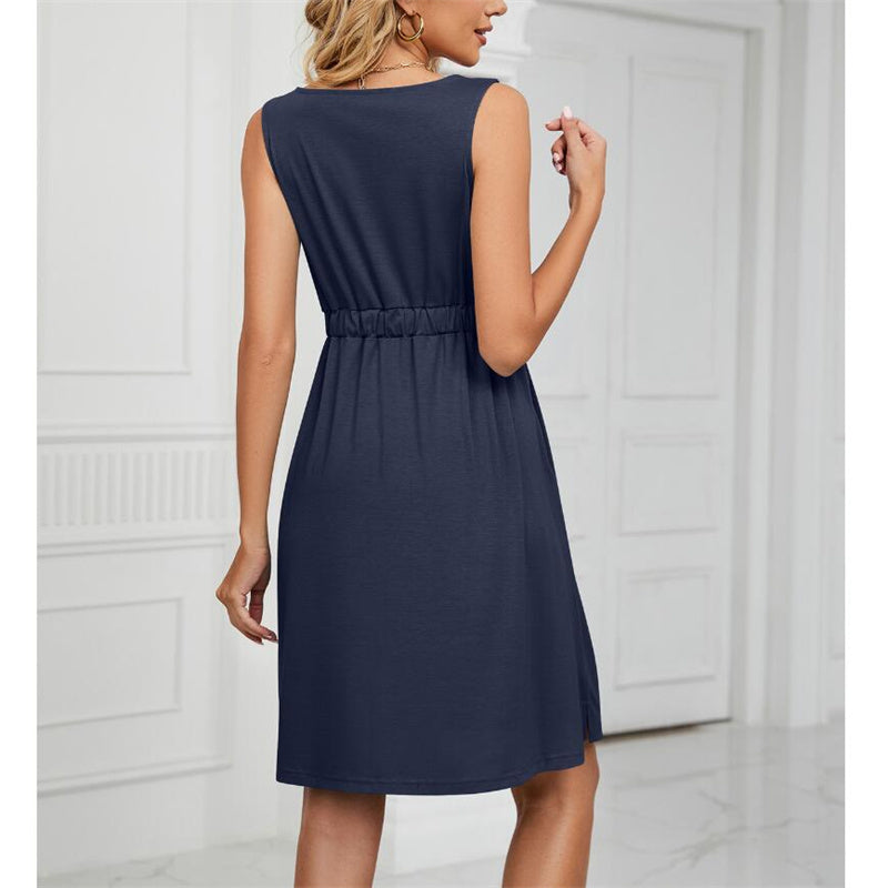 Solid Color Sleeveless Mini Dress with Button Details