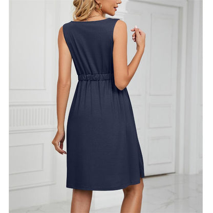 Solid Color Sleeveless Mini Dress with Button Details