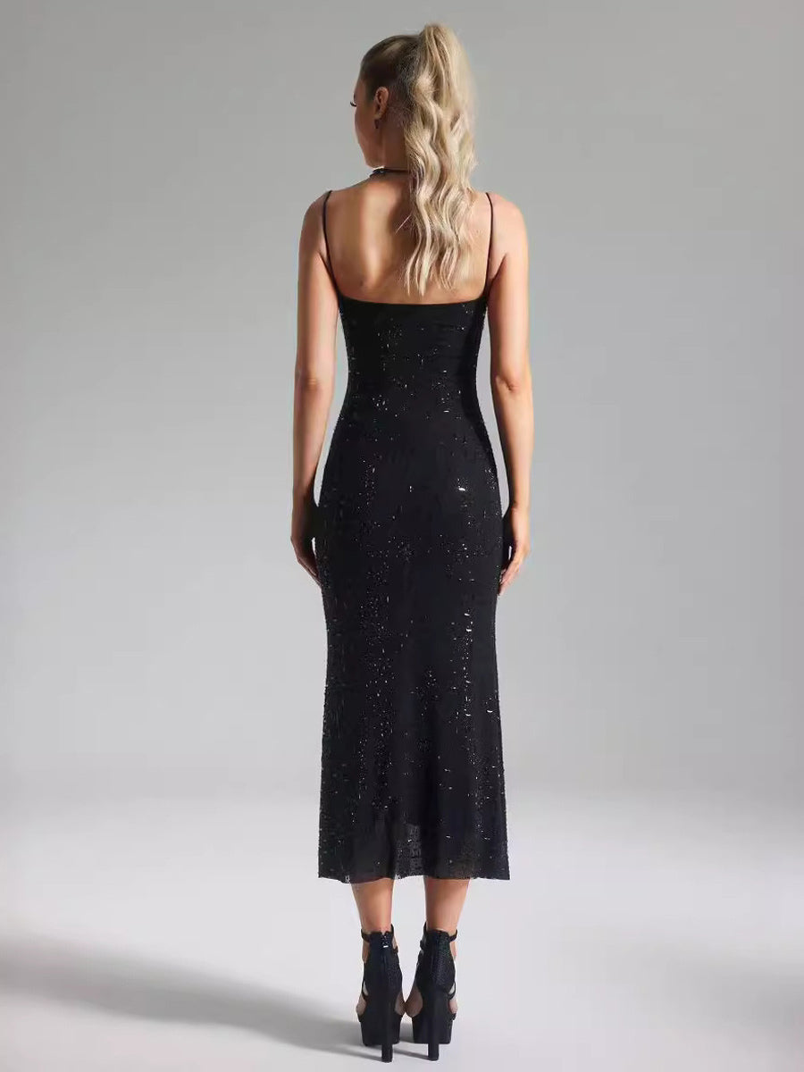 Sequins Party Dress Spaghetti Strap Backless Sexy Bodycon Midi Dresses