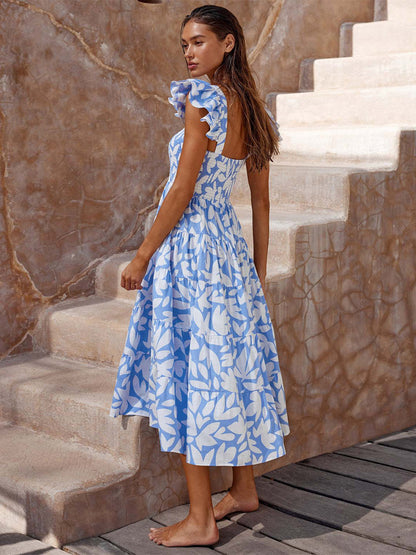 Smocked Dress Printed Flutter Sleeves Elastic Bust Vacation Casual Midi Dresses