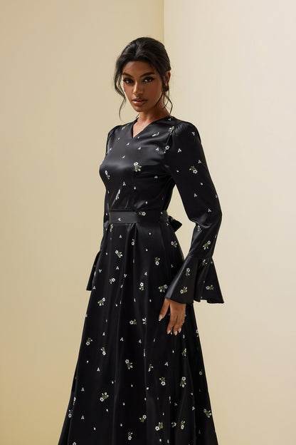 Satin Floral Ball Sleeve Midi Dress