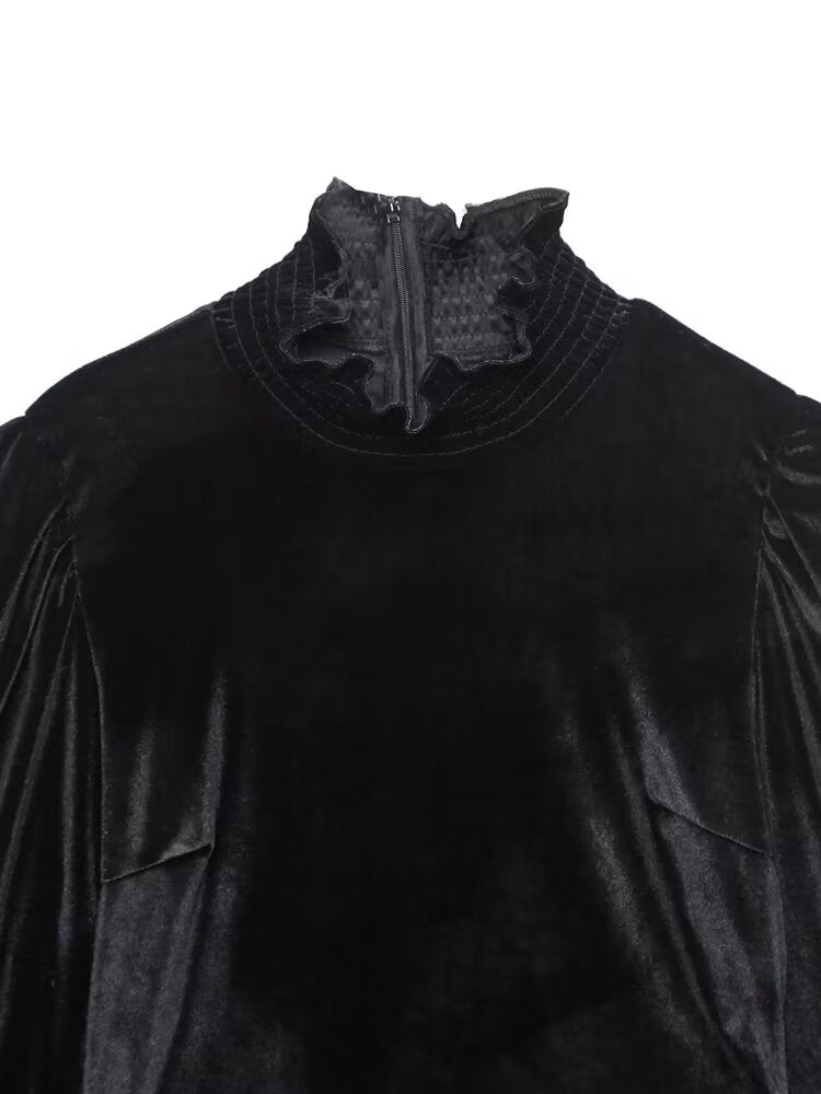 Fall Women Clothing Black Dress French Court Puff Sleeve Velvet Mini Dress