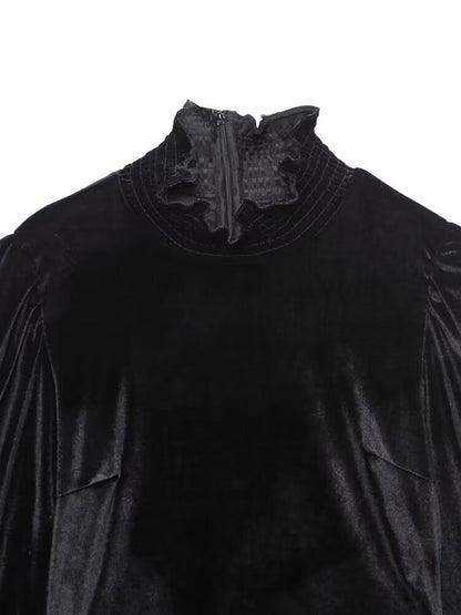 Fall Women Clothing Black Dress French Court Puff Sleeve Velvet Mini Dress