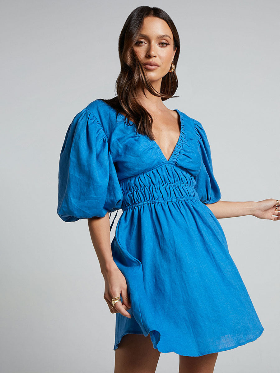 Summer Mini Dresses Blue V-Neck Lace Up Beach Dress