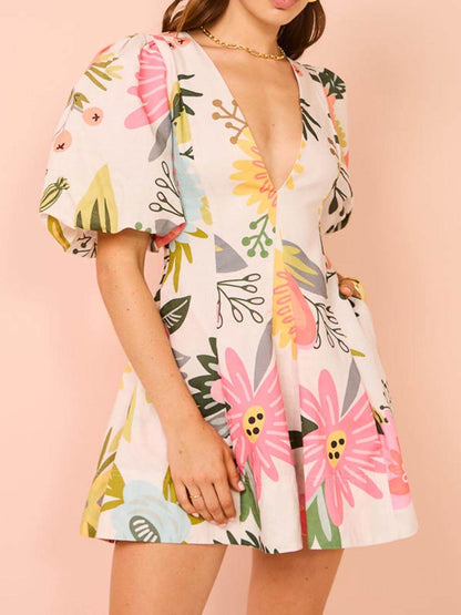 Bella Bloom - Colorful Floral Puff Sleeve Mini Dress