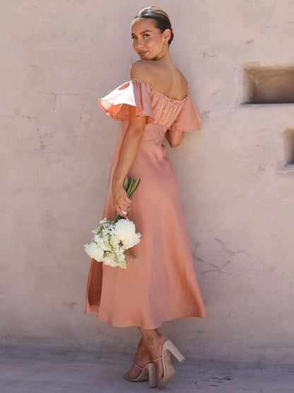 Summer Midi Dress Light Green Bateau Neck Satin Fabric Beach Dress