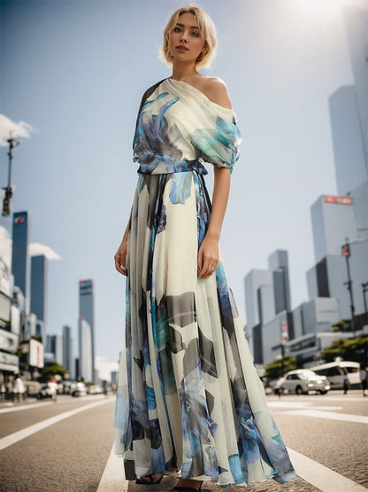 Floral Dress Maxi Dresses Dresses Floral Print Backless Pleated One-Shoulder Short Sleeves Backless Bohemian Summer