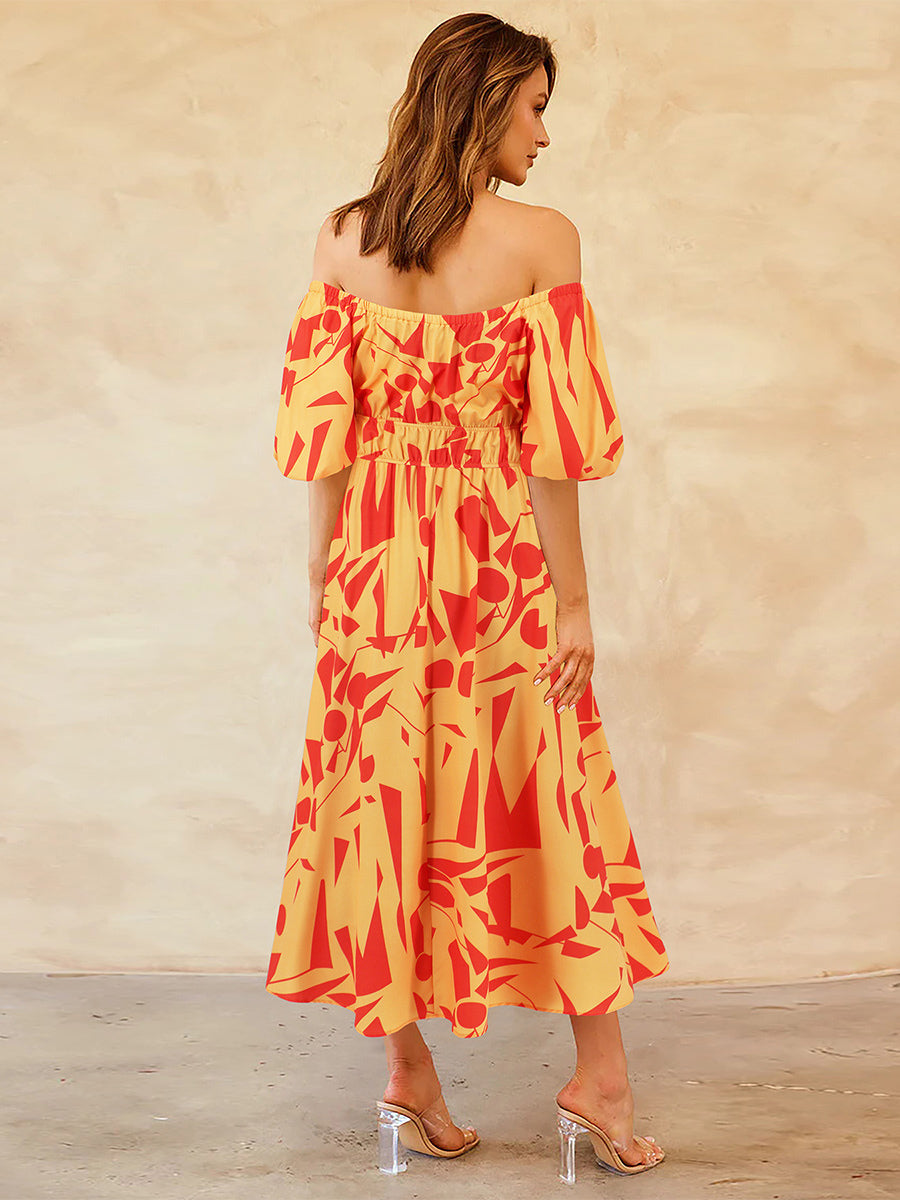 Floral Dress Off The Shoulder Puff Sleeves Casual Summer Midi Dresses