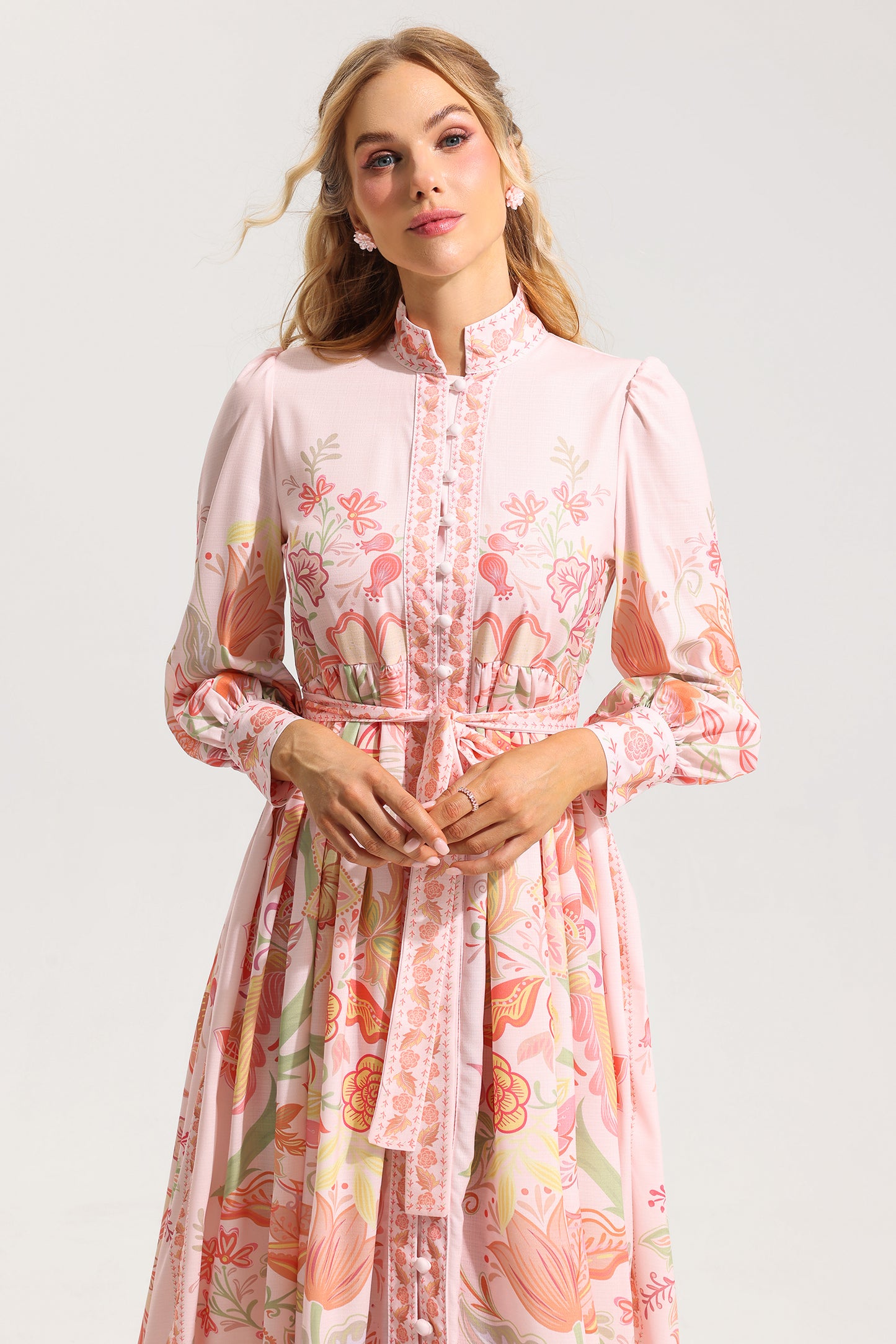 Floral Bottom Lantern Sleeve Midi Dress With Belt