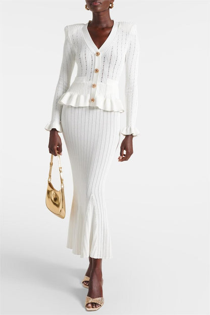 Solid Metal Button Top ?High Waist Knit Midi Dress Set