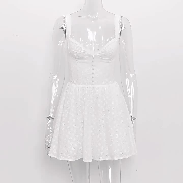 Little White Dress Wide Strap Eyelet Trim Graduation Party Skater Mini Dresses