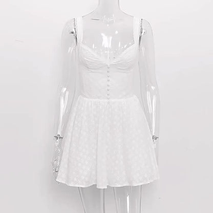 Little White Dress Wide Strap Eyelet Trim Graduation Party Skater Mini Dresses