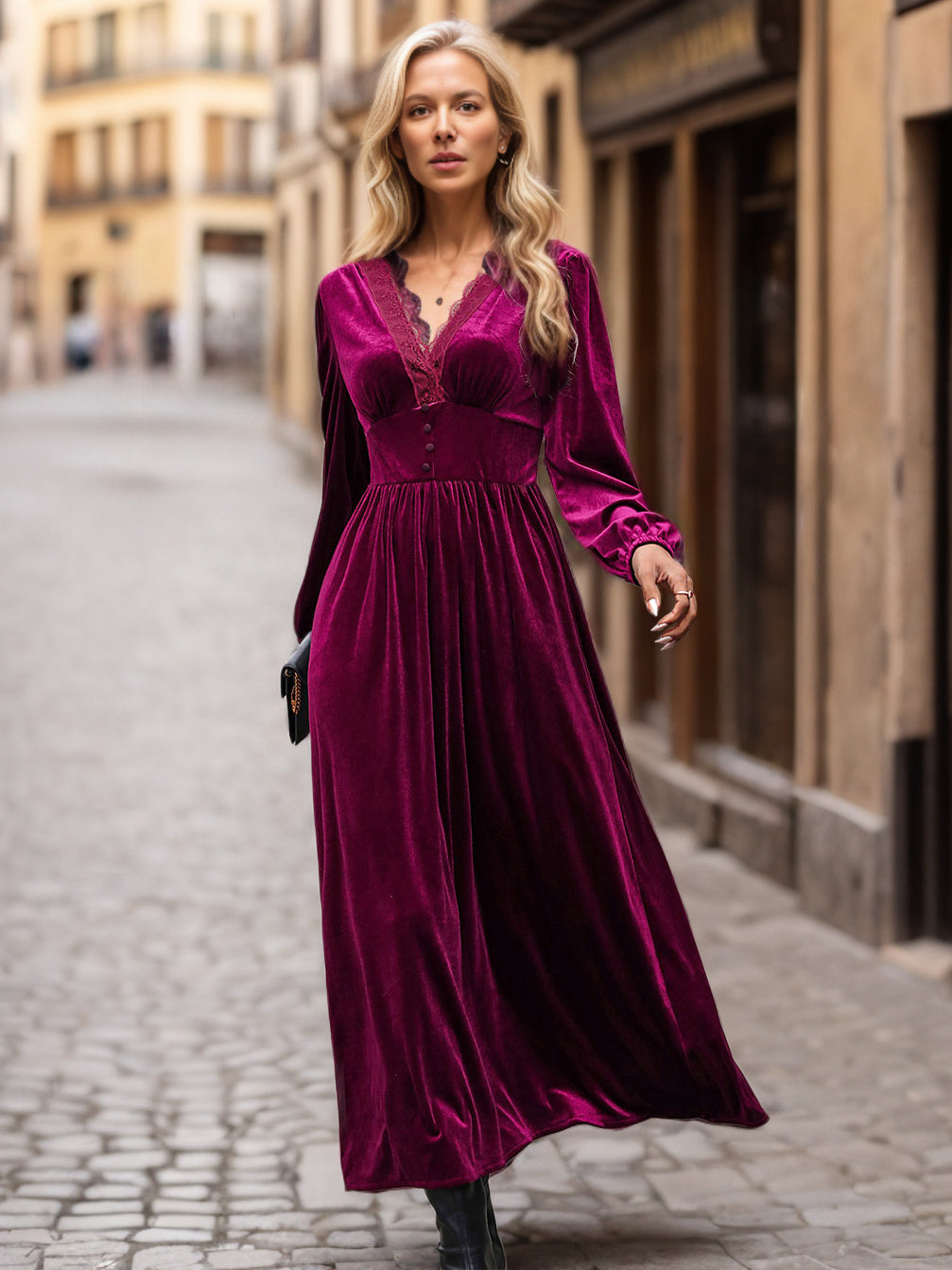 Velvet Dress Scoopped V Neck Long Sleeves Maxi Dresses In Burgundy