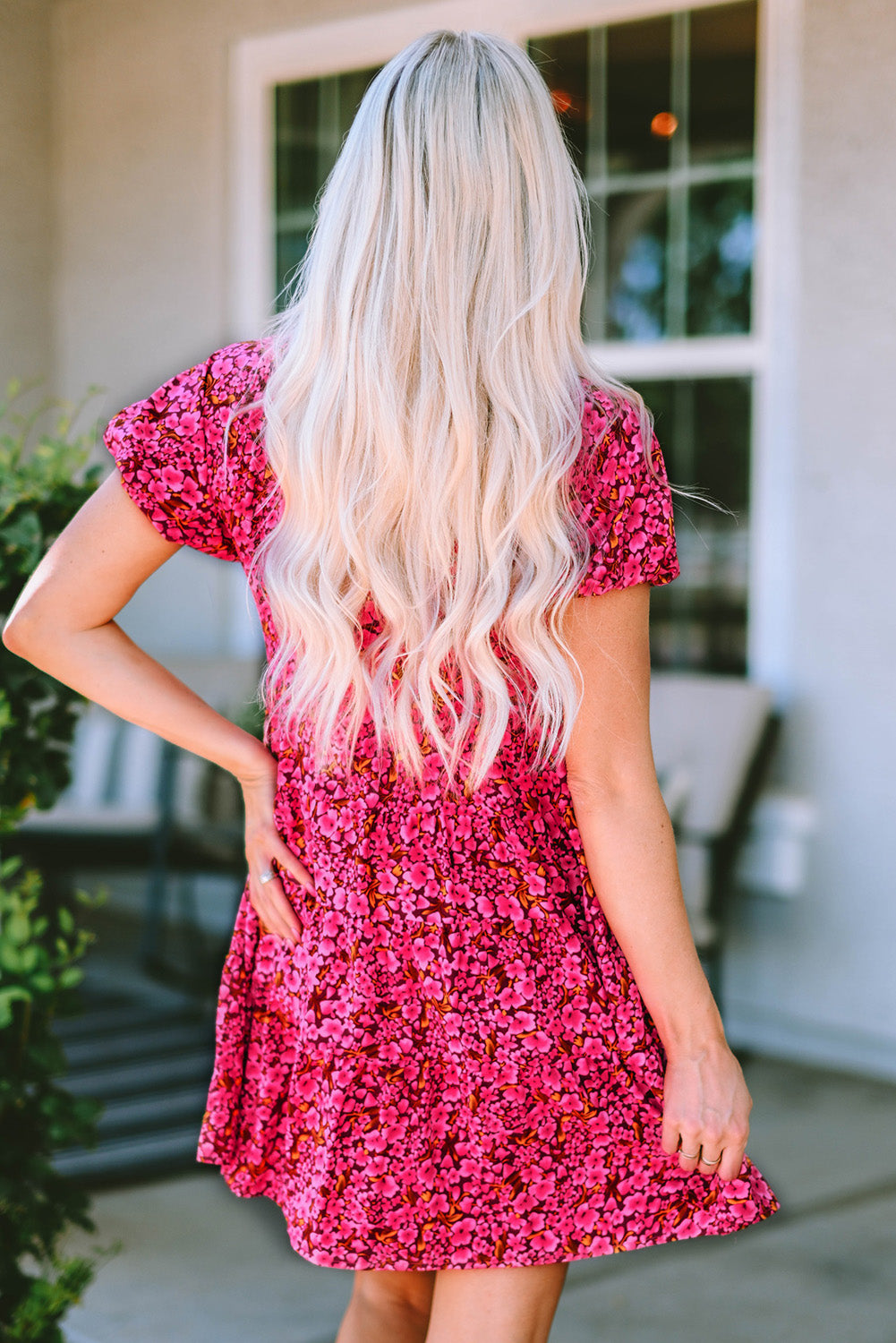 Rose Floral Print Puff Sleeve Babydoll Mini Dress