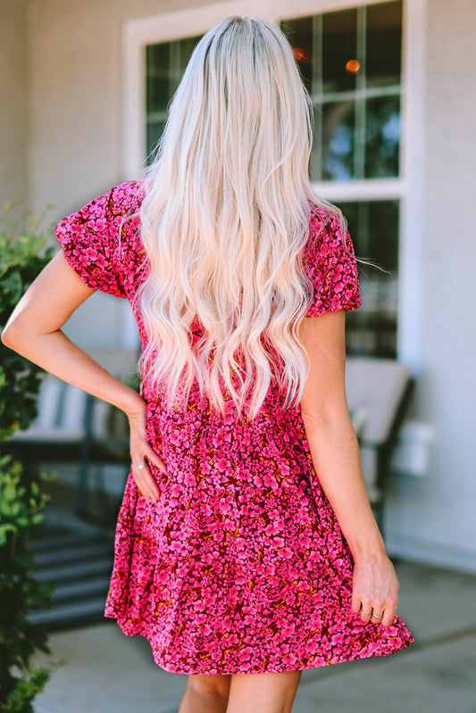 Rose Floral Print Puff Sleeve Babydoll Mini Dress