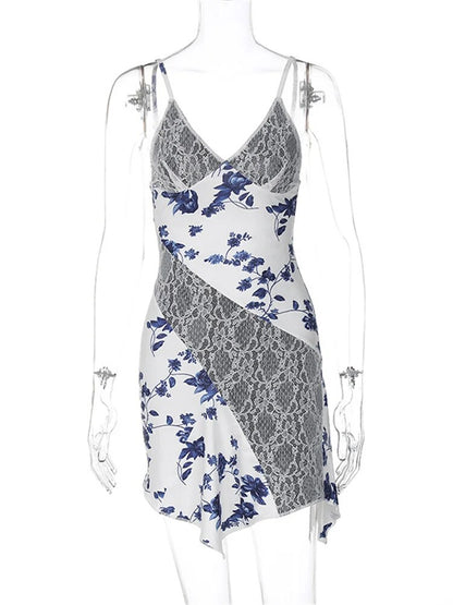 Tossy Printed Lace V-Neck Halter Dresses For Women Backless Patchwork High Waist Split Fashion Mini Dress Spaghetti Party Dress