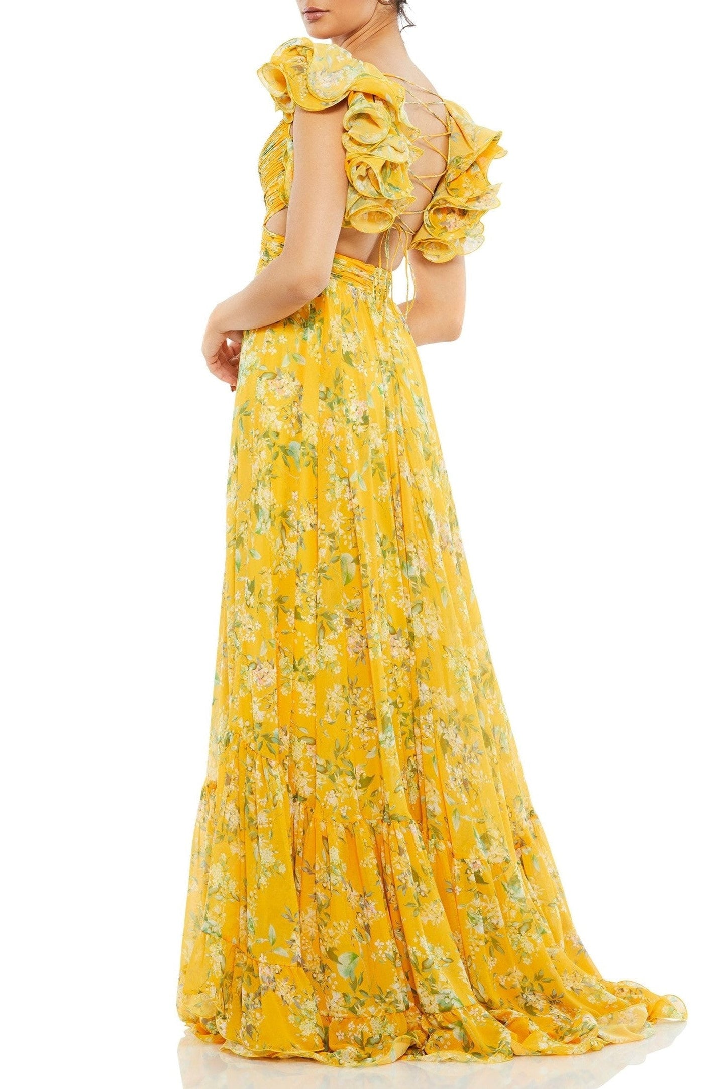 Floral V-Neck Cut-Out Backless Ruffle Hem Maxi Dress Yellow