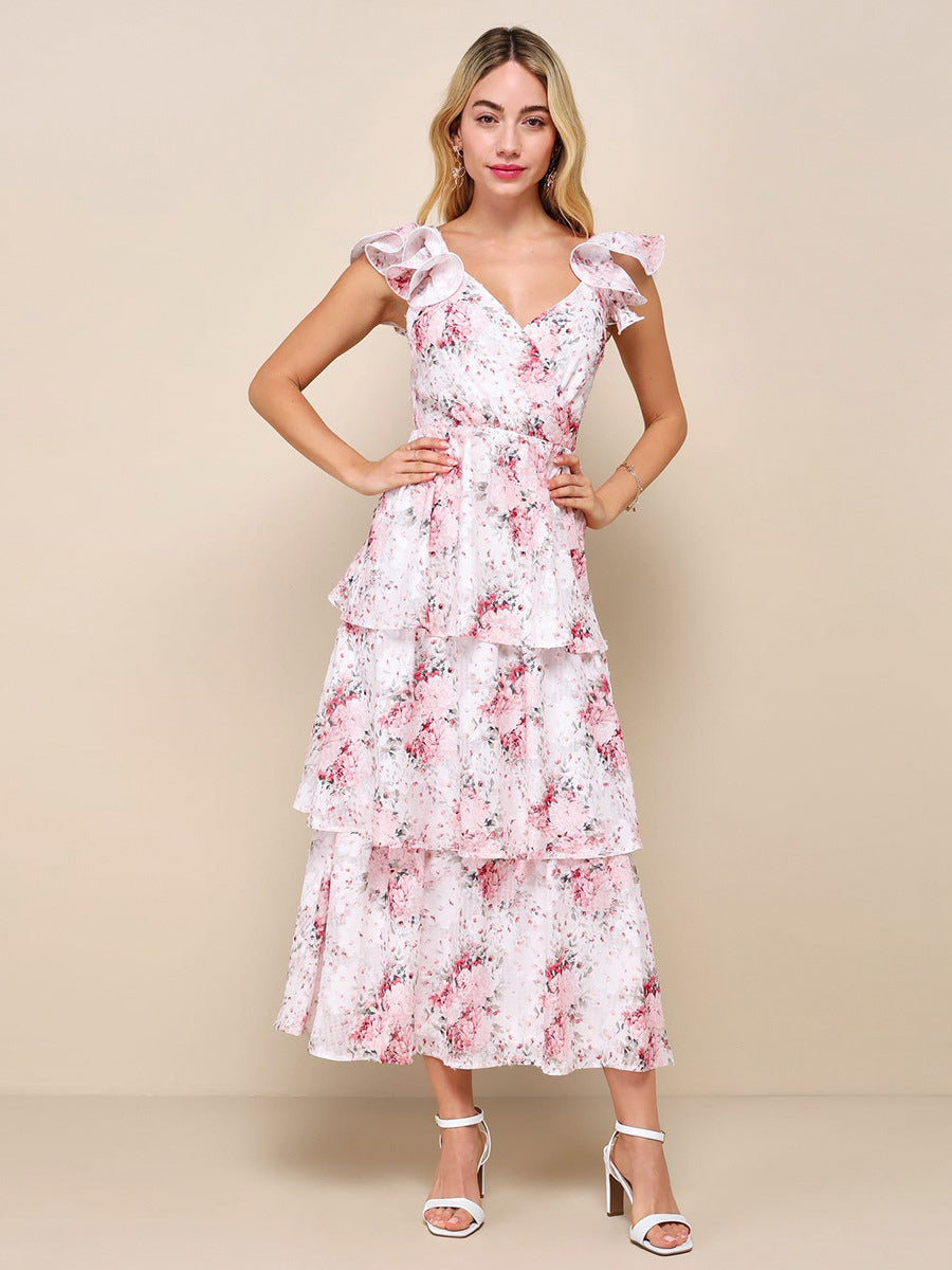 Floral Dress Layered Ruffles Sleeveless Open Back Brunch Party Midi Dresses