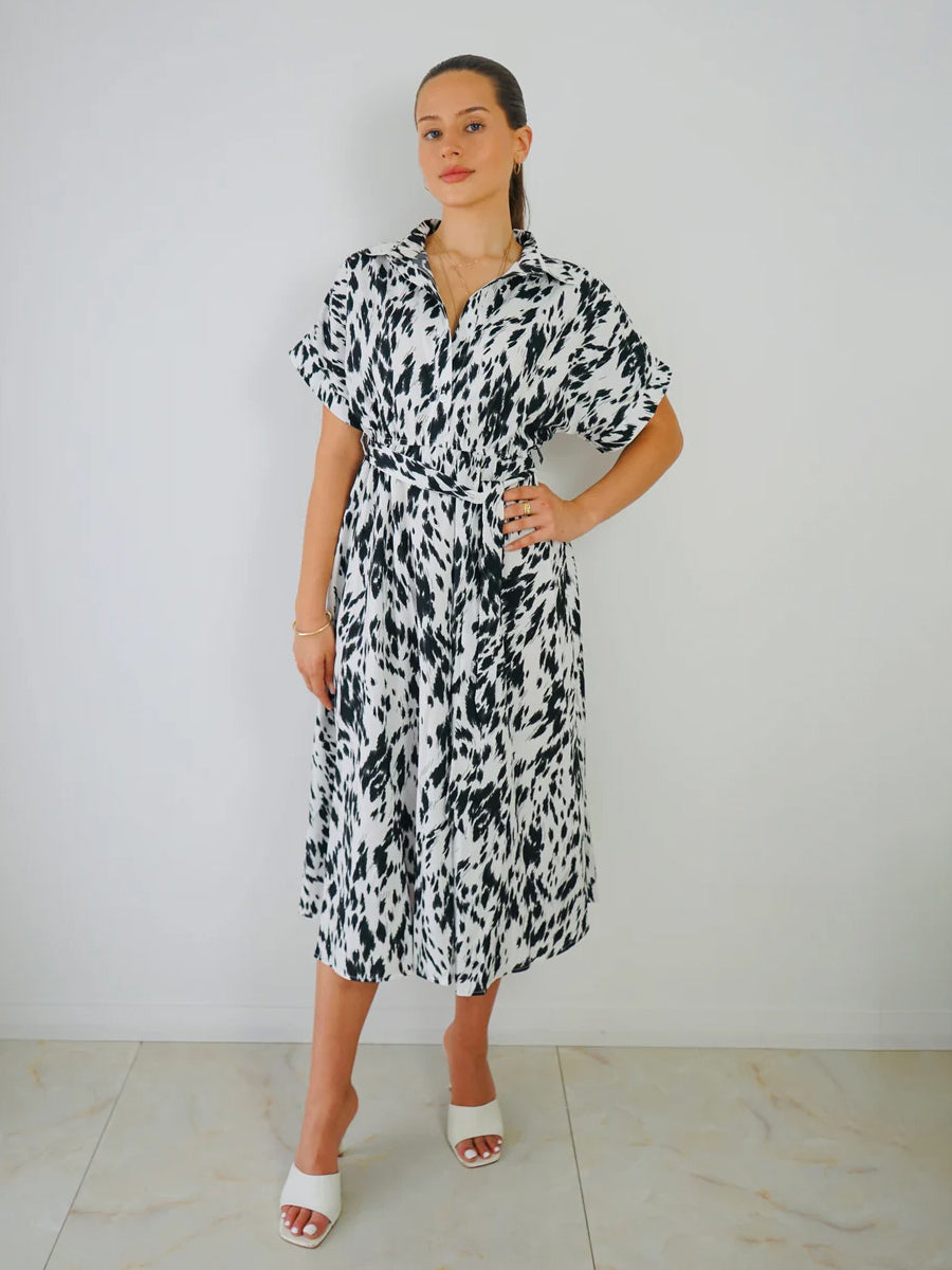 Shirt Dresses Two-Tone Short Sleeves Belted Busniess Casual Midi Dresses