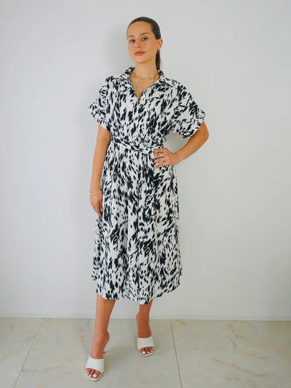 Shirt Dresses Two-Tone Short Sleeves Belted Busniess Casual Midi Dresses