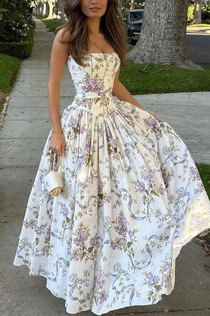 Spaghetti Strap Floral Print Bustier A-line Maxi Dress