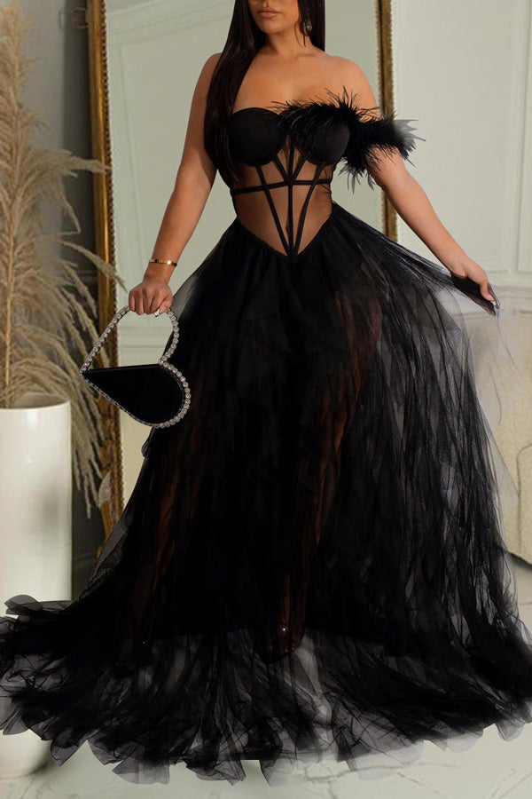 Elegant Solid Color Sleeveless Wrap Mesh Maxi Dress