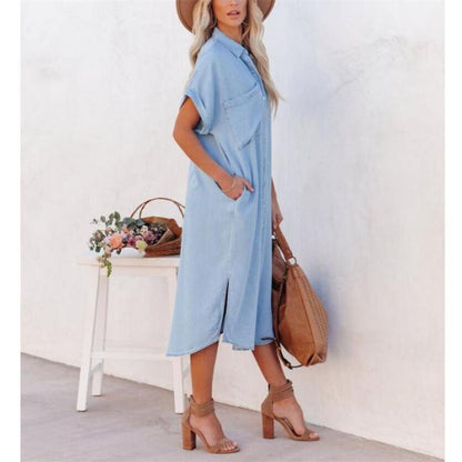 Denim Short Sleeve Maxi Dress in Blue for Stylish Comfort