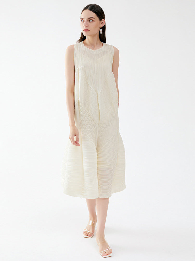 Summer Dress Sleeveless Patchwork Designed Neckline Midi Dress