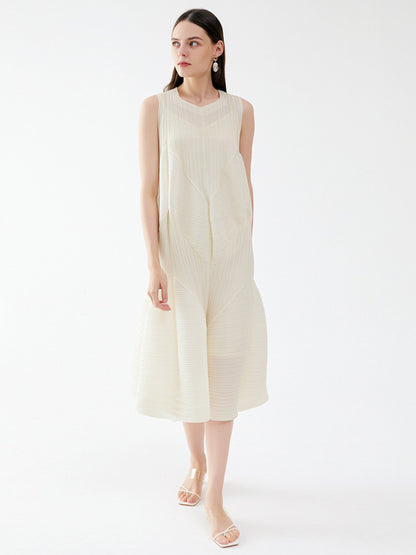 Summer Dress Sleeveless Patchwork Designed Neckline Midi Dress