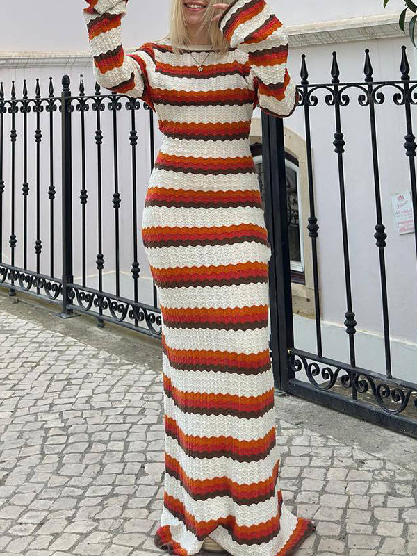 Long Sleeves Loose Backless Split-Joint Striped Round-Neck Maxi Dresses Sweater Dresses