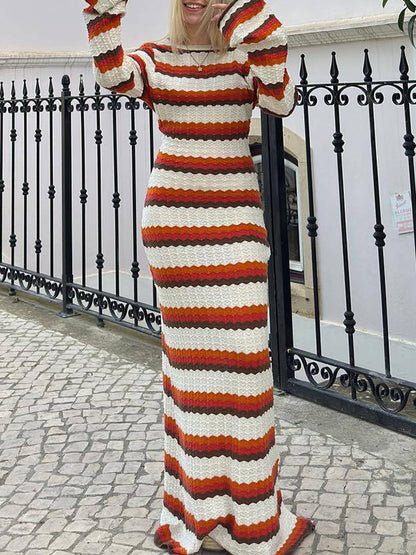 Long Sleeves Loose Backless Split-Joint Striped Round-Neck Maxi Dresses Sweater Dresses