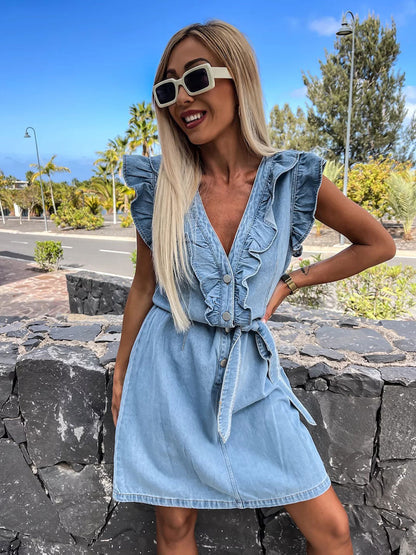 Summer Dress Light Sky Blue V-Neck Ruffles Belted Beach Mini Dress