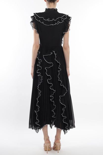 V-Neck Frill Sleeveless Solid Midi Dress