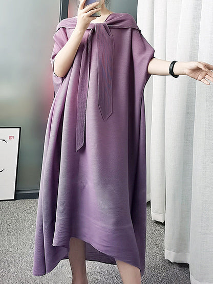 Batwing Sleeves Loose Lace-Up Pleated Hooded Midi Dresses